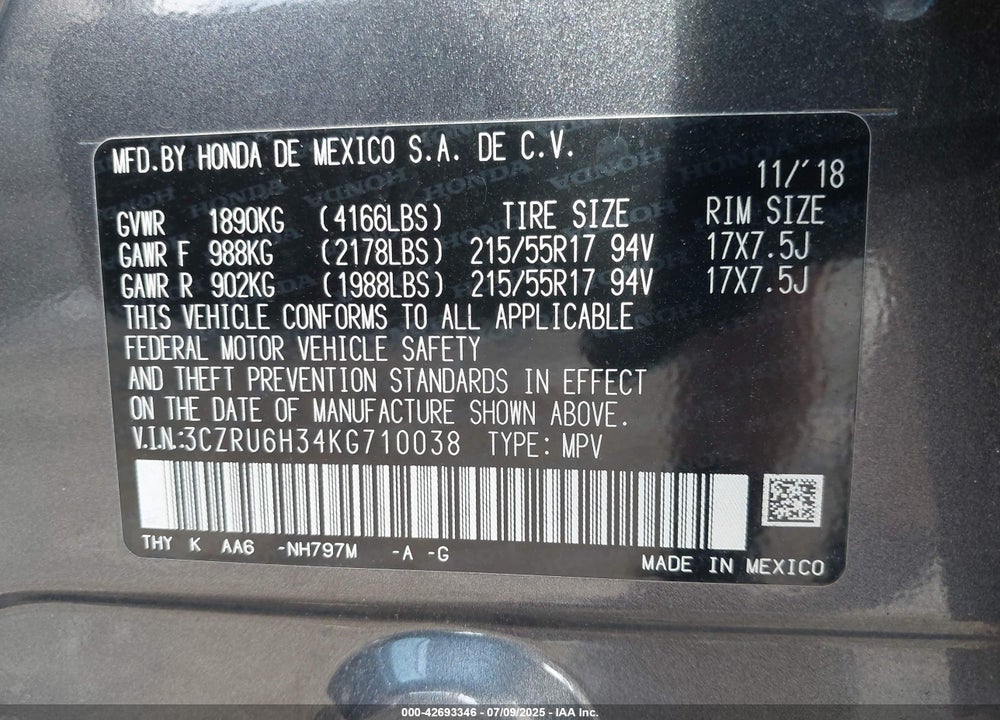 2019 HONDA HR-V VIN: 3CZRU6H34KG710038