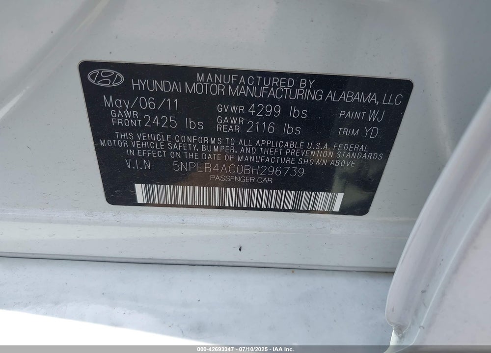 2011 HYUNDAI SONATA VIN: 5NPEB4AC0BH296739
