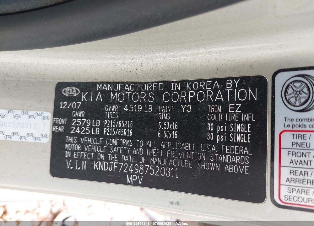2008 KIA SPORTAGE VIN: KNDJF724987520311