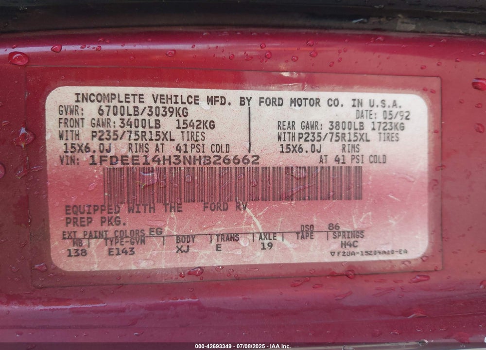 1992 FORD ECONOLINE E150 VAN VIN: 1FDEE14H3NHB26662