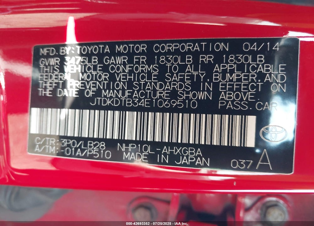 2014 TOYOTA PRIUS C VIN: JTDKDTB34E1069510