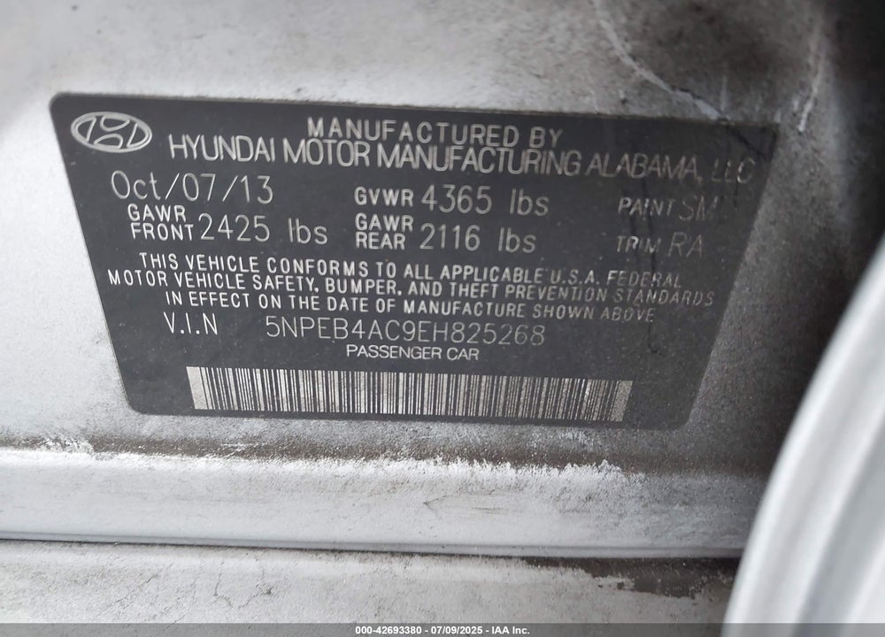 2014 HYUNDAI SONATA VIN: 5NPEB4AC9EH825268