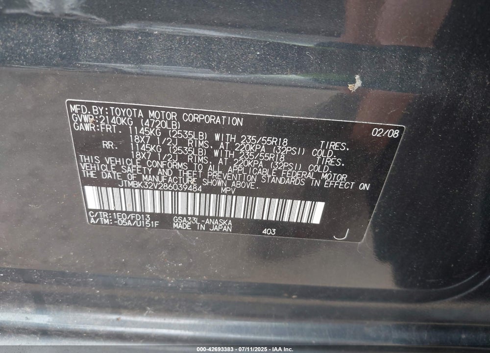2008 TOYOTA RAV4 VIN: JTMBK32V286039484