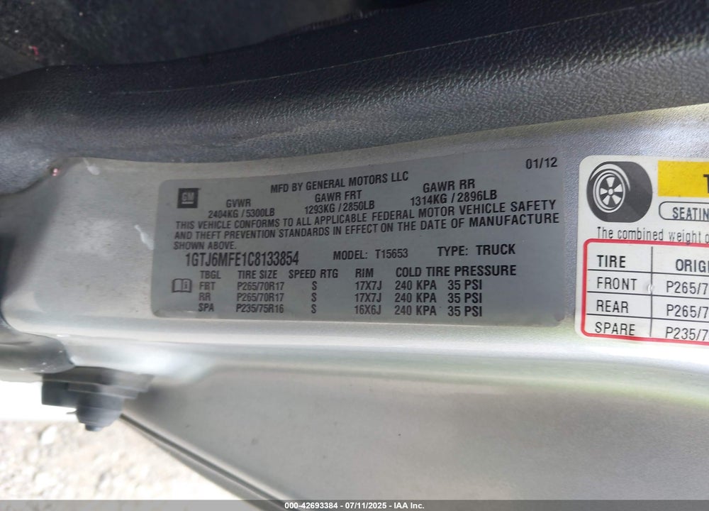 2012 GMC CANYON VIN: 1GTJ6MFE1C8133854