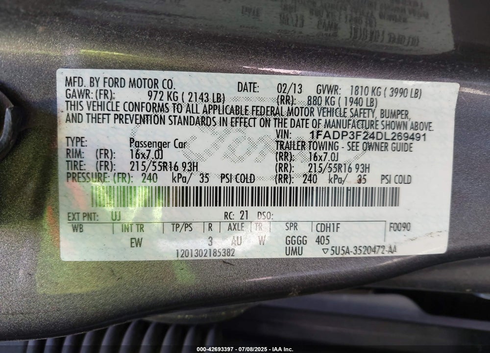 2013 FORD FOCUS VIN: 1FADP3F24DL269491