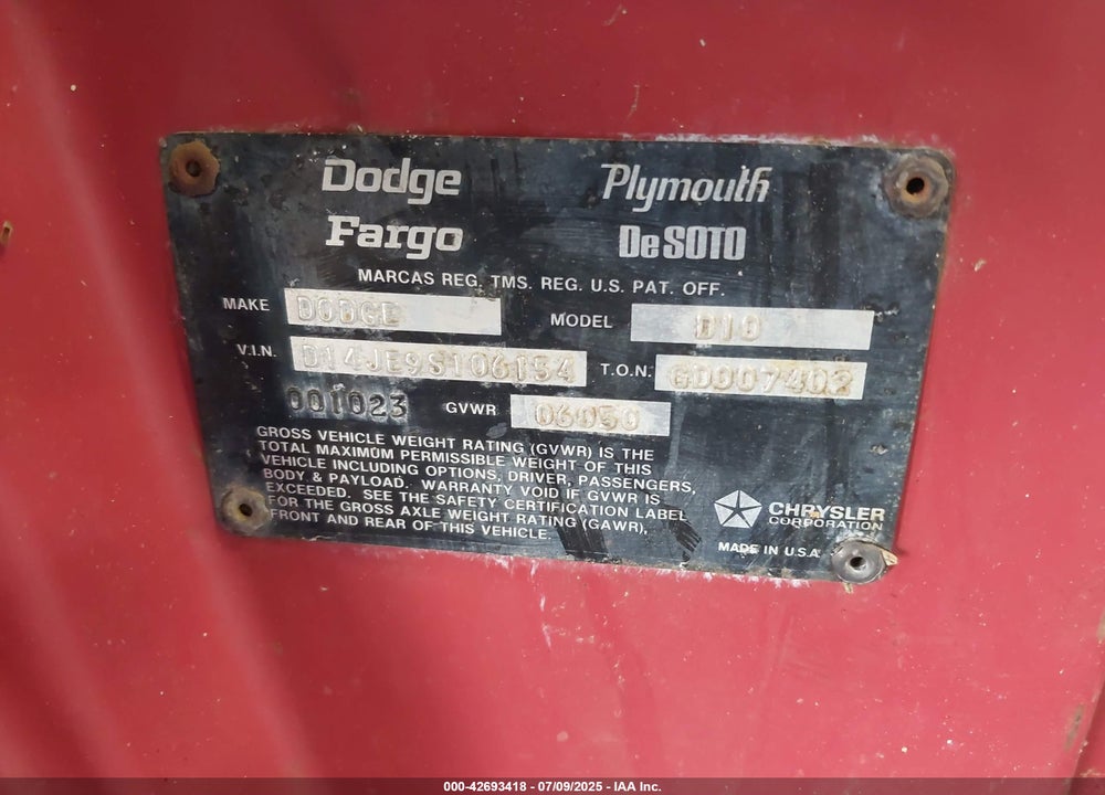 1979 DODGE PICKUP VIN: D14BE9S106154