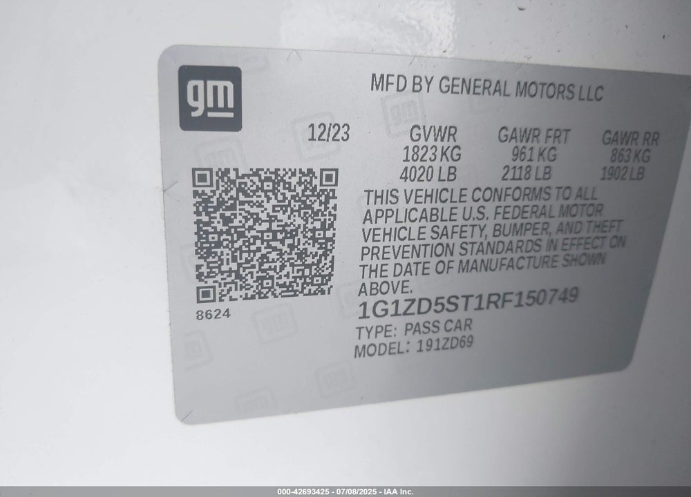 2024 CHEVROLET MALIBU VIN: 1G1ZD5ST1RF150749