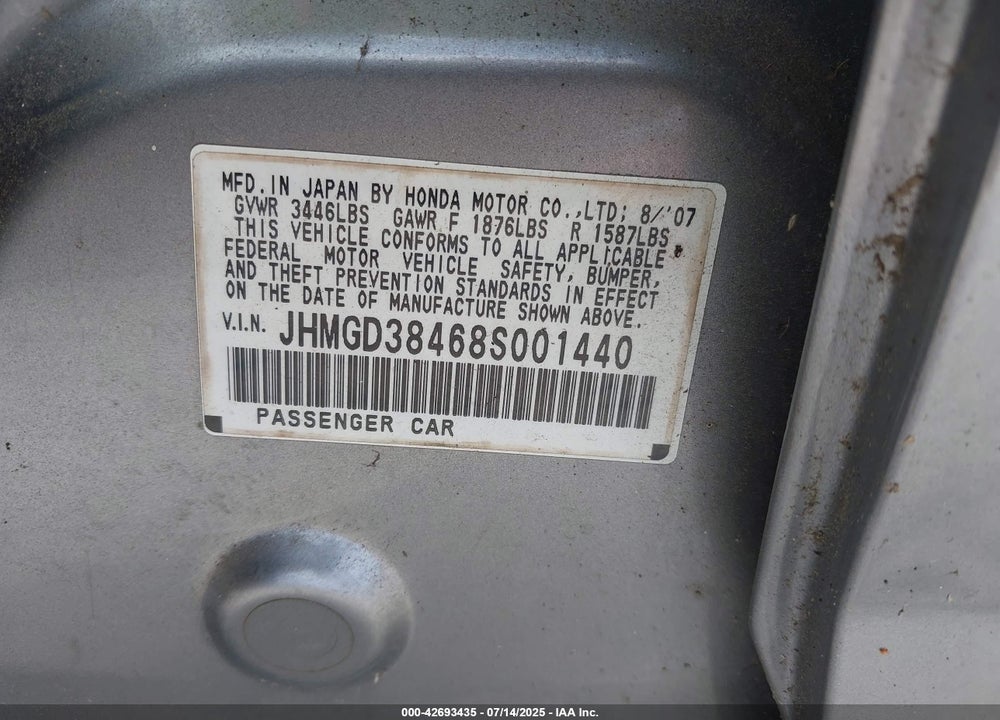 2008 HONDA FIT VIN: JHMGD38468S001440