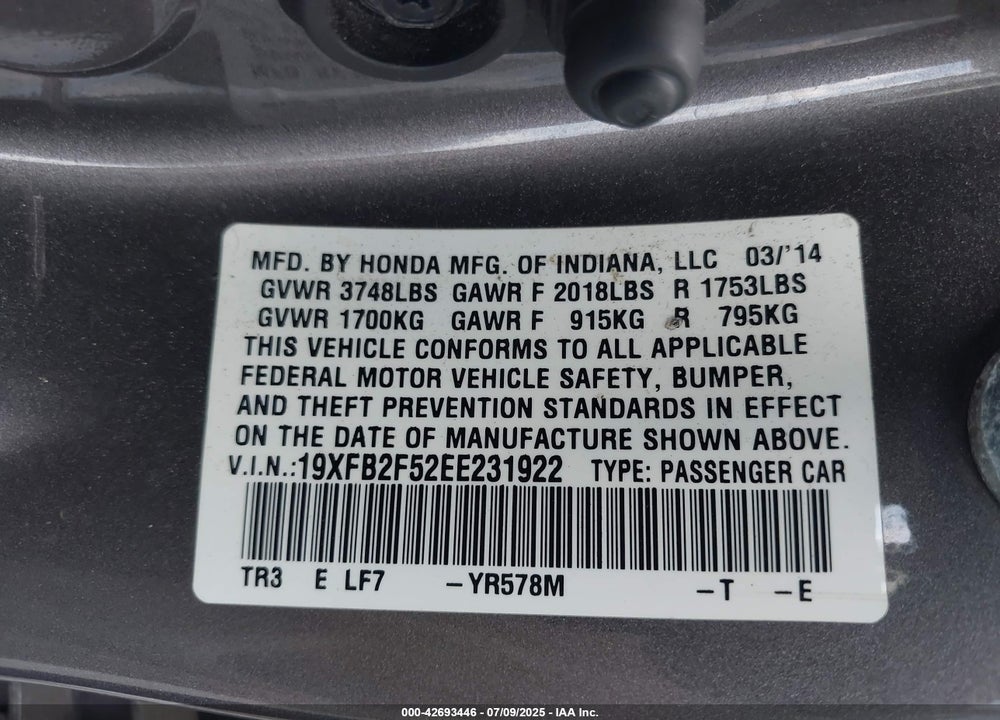 2014 HONDA CIVIC VIN: 19XFB2F52EE231922