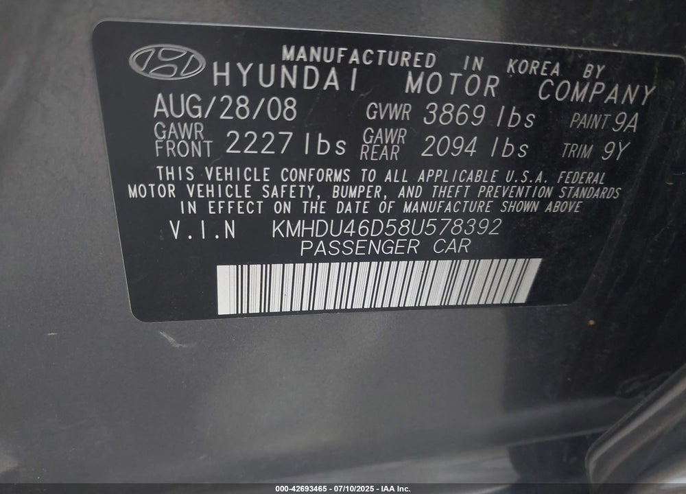 2008 HYUNDAI ELANTRA VIN: KMHDU46D58U578392
