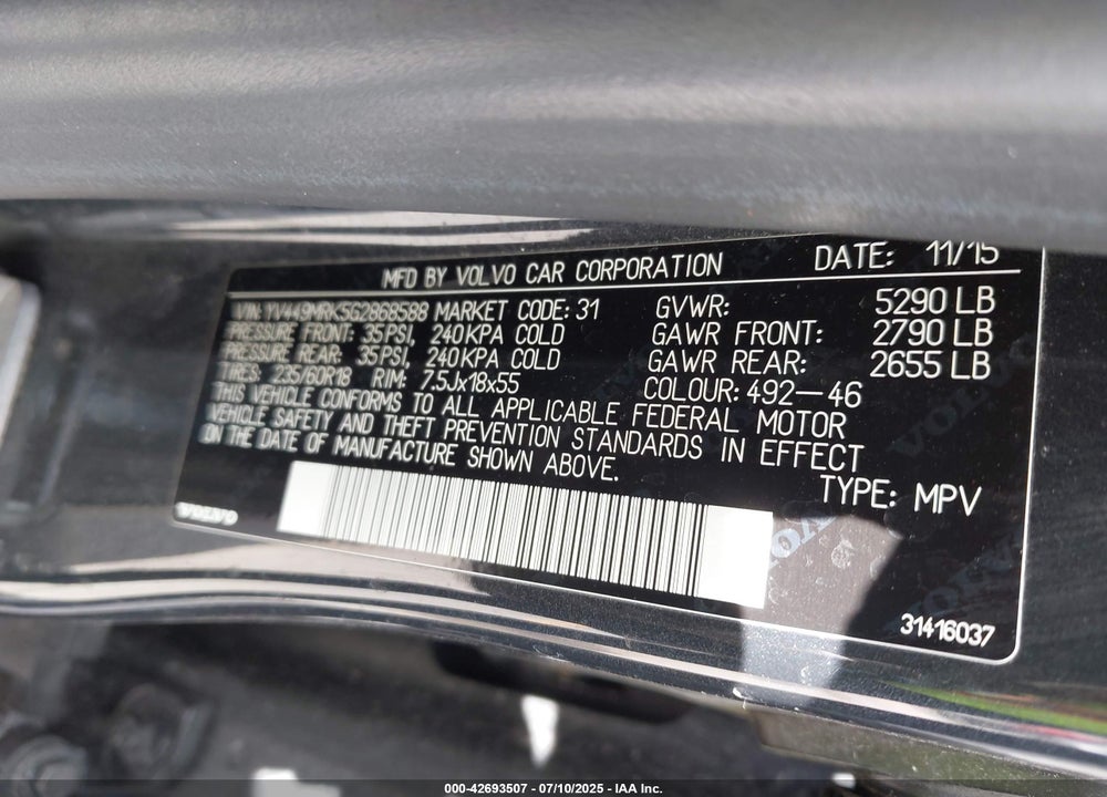 2016 VOLVO XC60 VIN: YV449MRK5G2868588