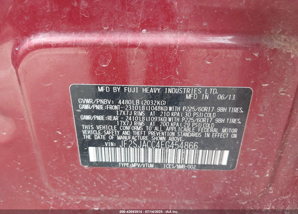 2014 SUBARU FORESTER VIN: JF2SJACC4EG454866