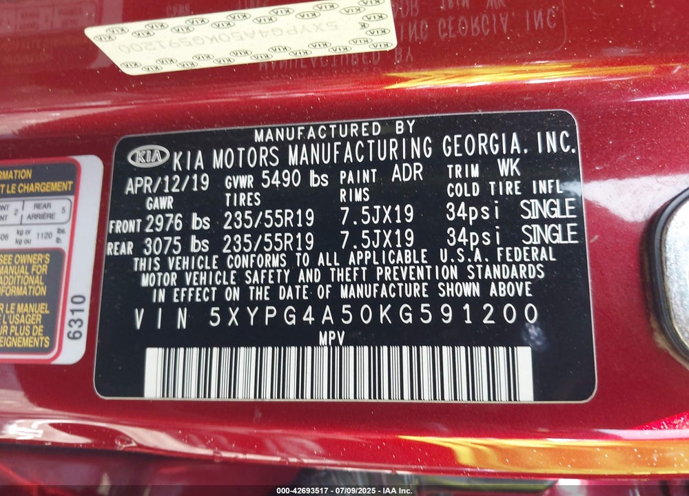 2019 KIA SORENTO VIN: 5XYPG4A50KG591200