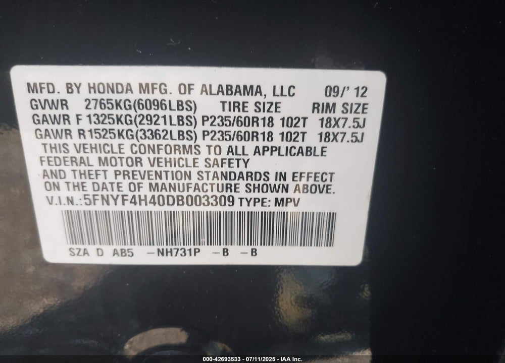 2013 HONDA PILOT VIN: 5FNYF4H40DB003309