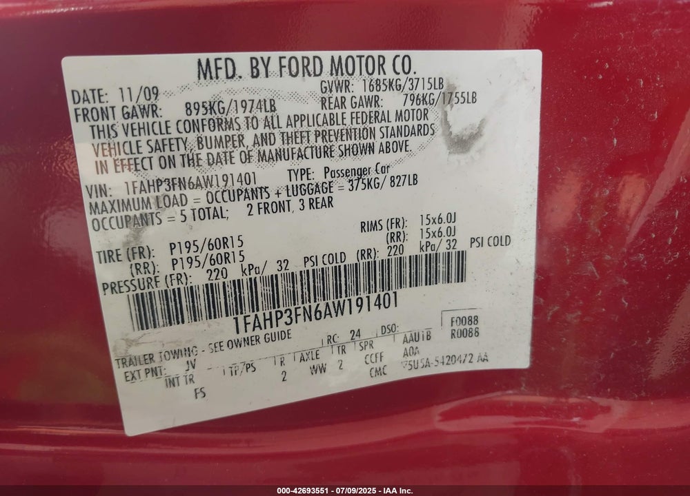 2010 FORD FOCUS VIN: 1FAHP3FN6AW191401