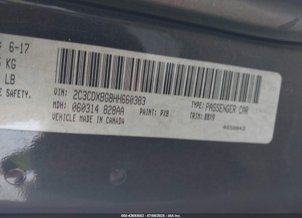2017 DODGE CHARGER VIN: 2C3CDXBG8HH660383