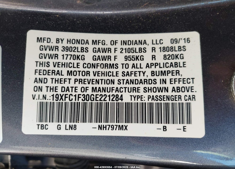 2016 HONDA CIVIC VIN: 19XFC1F30GE221284