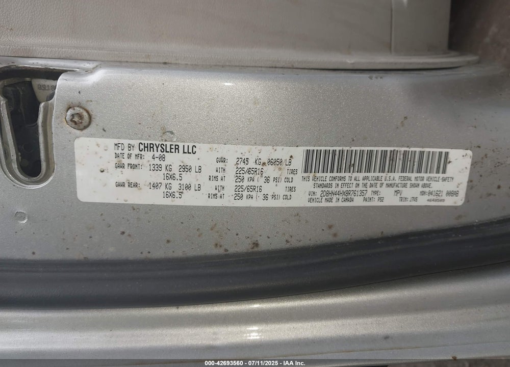 2008 DODGE GRAND CARAVAN SE VIN: 2D8HN44HX8R761357