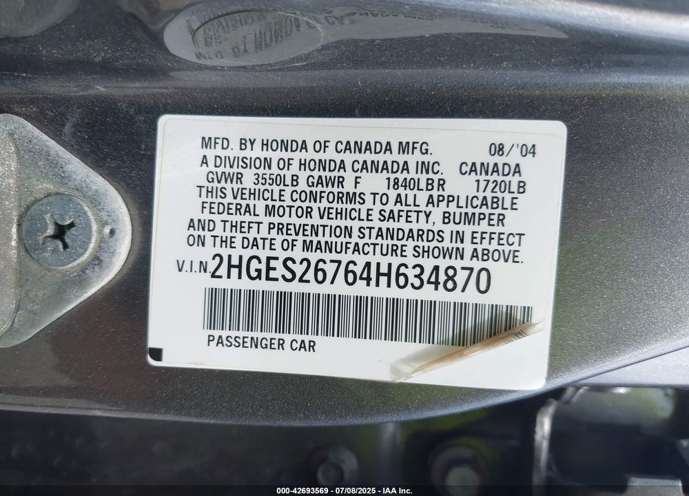 2004 HONDA CIVIC EX VIN: 2HGES26764H634870