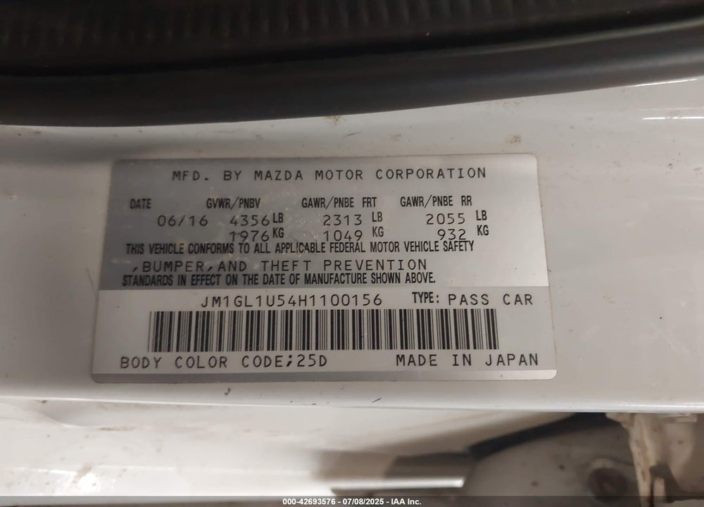 2017 MAZDA 6 SPORT VIN: JM1GL1U54H1100156