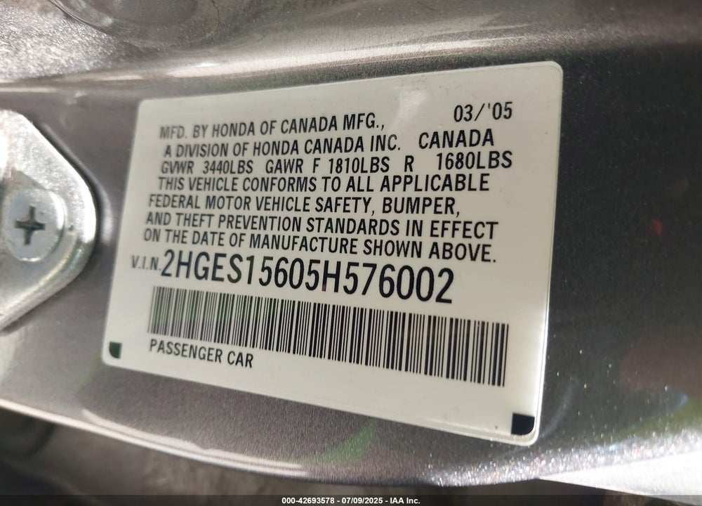 2005 HONDA CIVIC LX VIN: 2HGES15605H576002