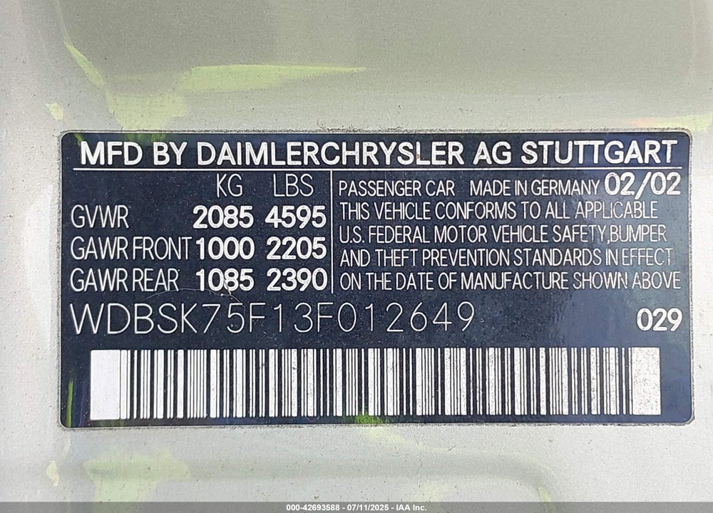 2003 MERCEDES-BENZ SL-CLASS BASE (A5) VIN: WDBSK75F13F012649