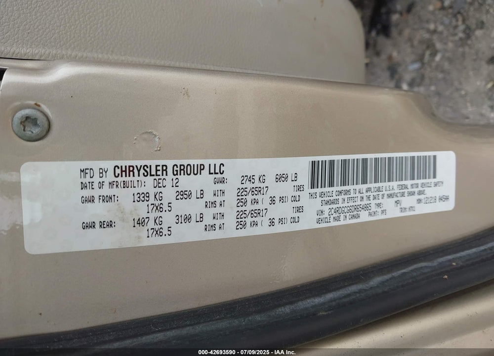 2013 DODGE GRAND CARAVAN VIN: 2C4RDGCG6DR654865