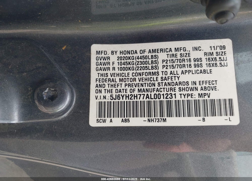 2010 HONDA ELEMENT EX VIN: 5J6YH2H77AL001231