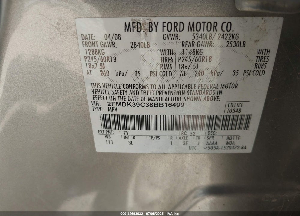 2008 FORD EDGE VIN: 2FMDK39C38BB16499