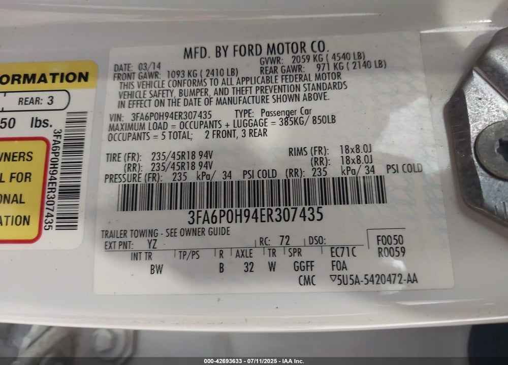 2014 FORD FUSION SE VIN: 3FA6P0H94ER307435