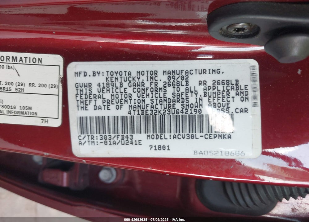 2003 TOYOTA CAMRY VIN: 4T1BE32K23U642190
