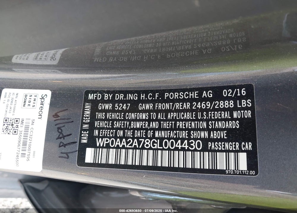 2016 PORSCHE PANAMERA VIN: WP0AA2A78GL004430