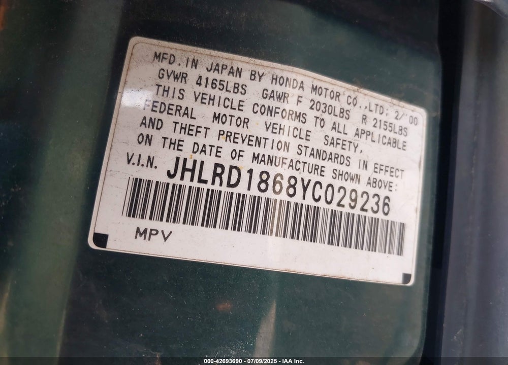 2000 HONDA CR-V EX VIN: JHLRD1868YC029236