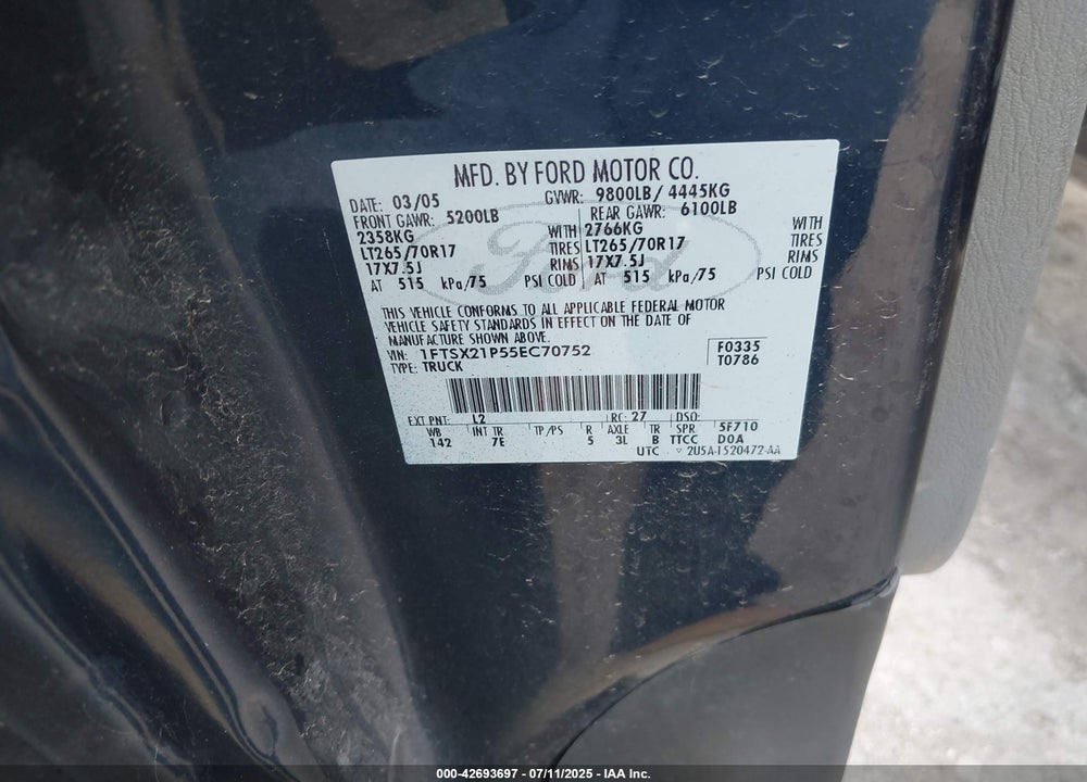 2005 FORD F-250 LARIAT/XL/XLT VIN: 1FTSX21P55EC70752