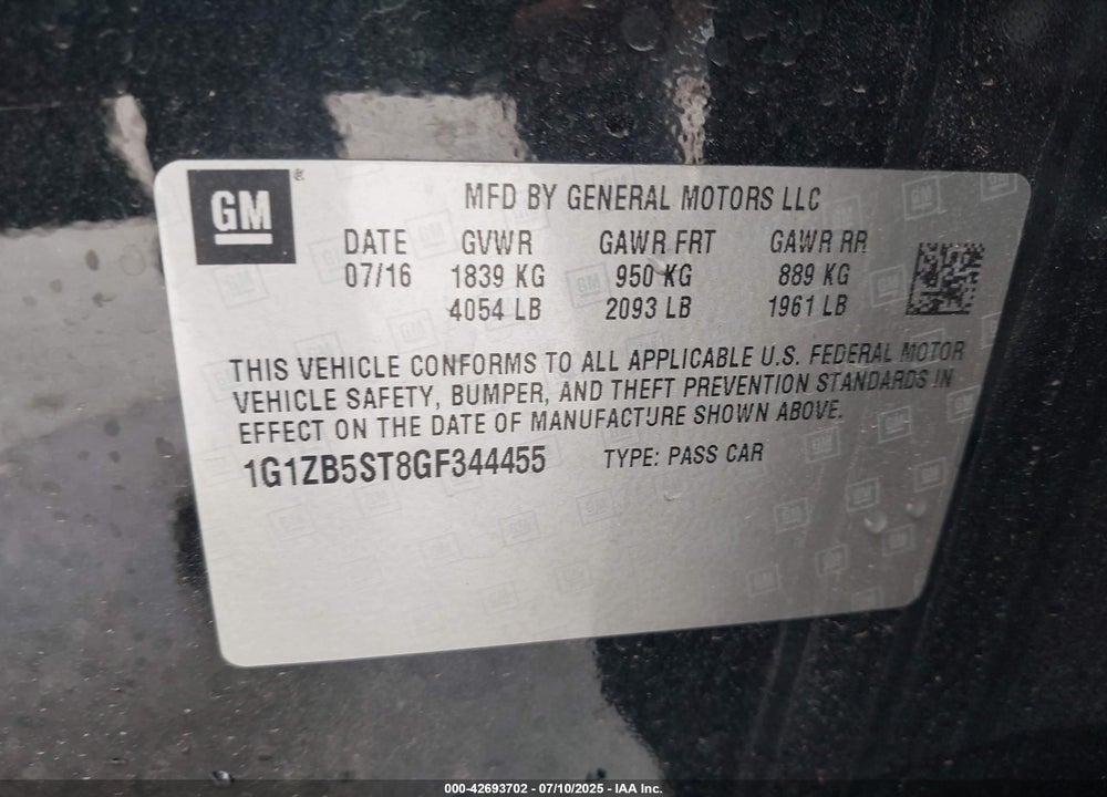 2016 CHEVROLET MALIBU VIN: 1G1ZB5ST8GF344455