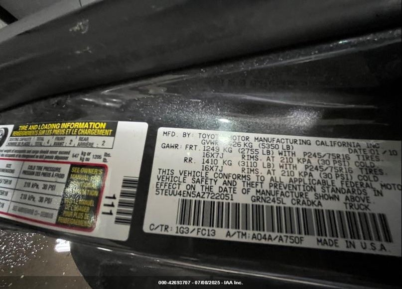 2010 TOYOTA TACOMA BASE V6 VIN: 5TEUU4EN5AZ722051