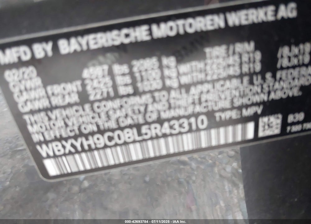2020 BMW X2 VIN: WBXYH9C08L5R43310