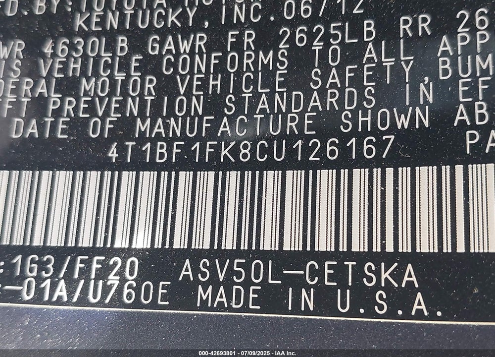 2012 TOYOTA CAMRY VIN: 4T1BF1FK8CU126167