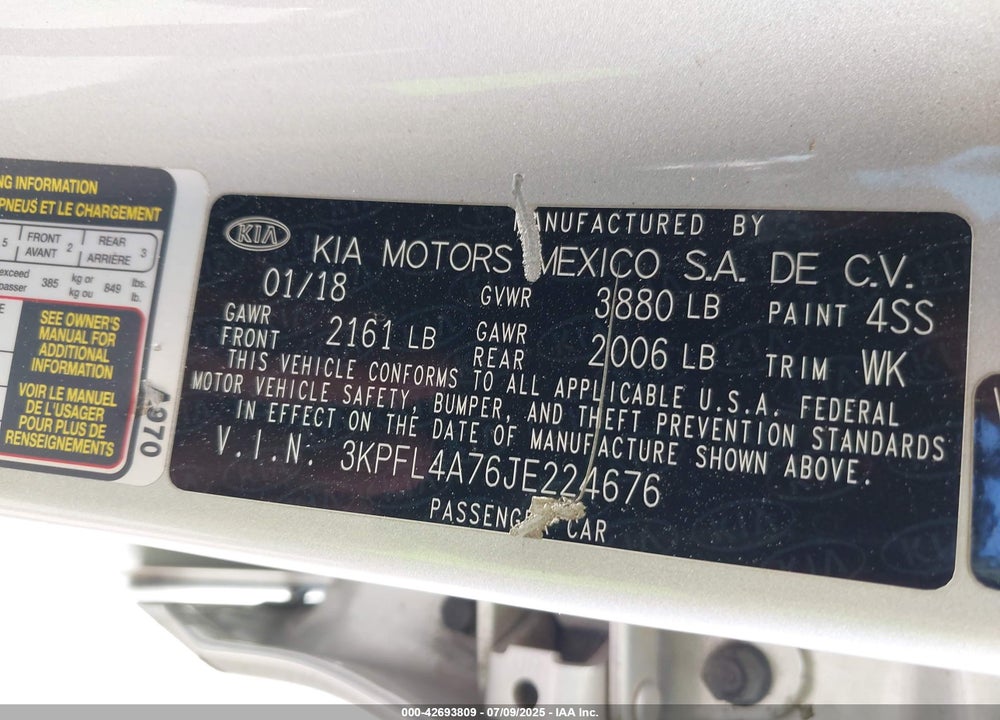 2018 KIA FORTE VIN: 3KPFL4A76JE224676