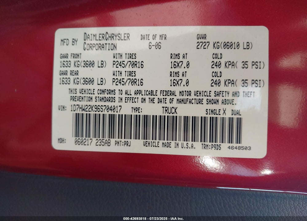 2006 DODGE DAKOTA ST VIN: 1D7HW22K96S704017
