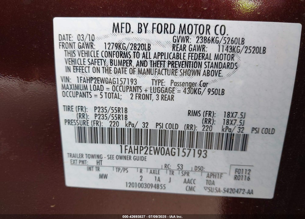 2010 FORD TAURUS VIN: 1FAHP2EW0AG157193