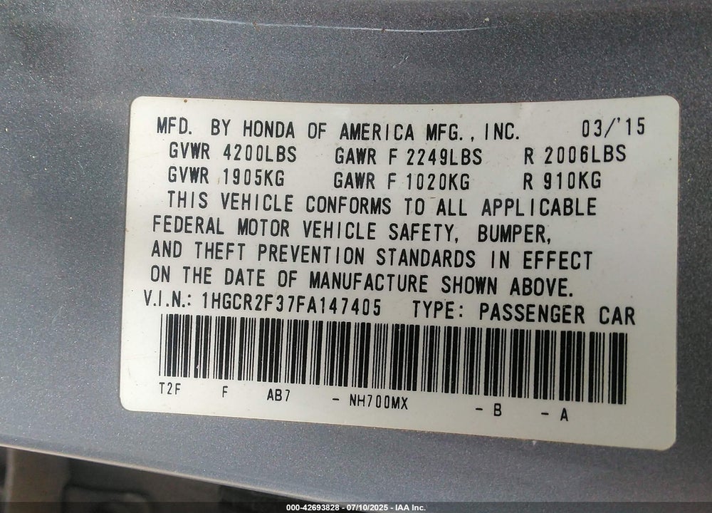 2015 HONDA ACCORD LX VIN: 1HGCR2F37FA147405