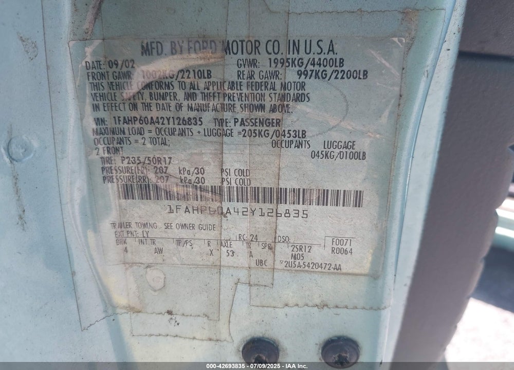 2002 FORD THUNDERBIRD VIN: 1FAHP60A42Y126835
