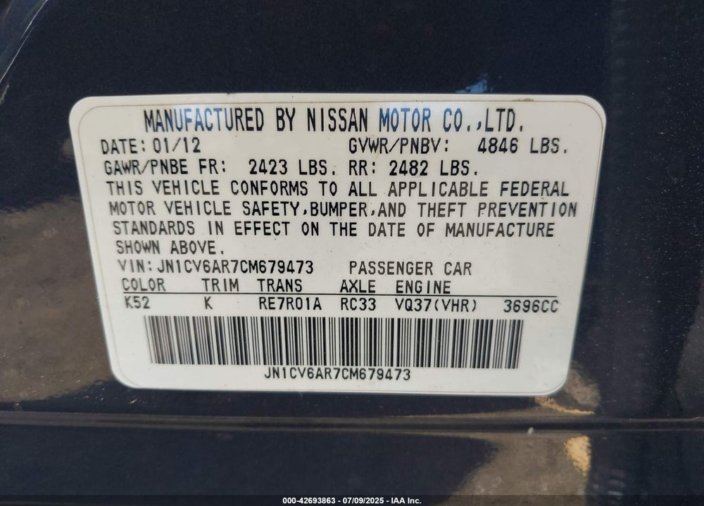 2012 INFINITI G37 VIN: JN1CV6AR7CM679473