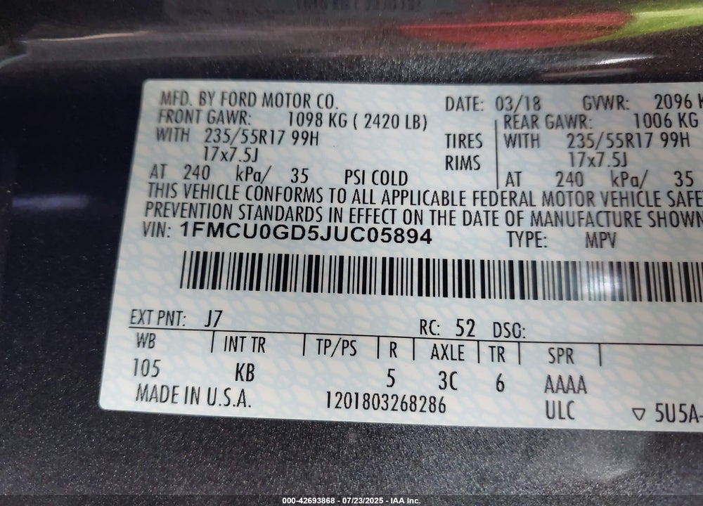 2018 FORD ESCAPE VIN: 1FMCU0GD5JUC05894