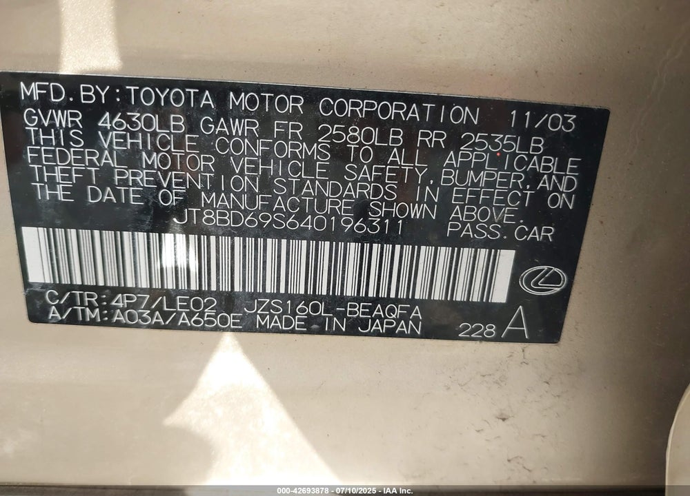 2004 LEXUS GS 300 VIN: JT8BD69S640196311