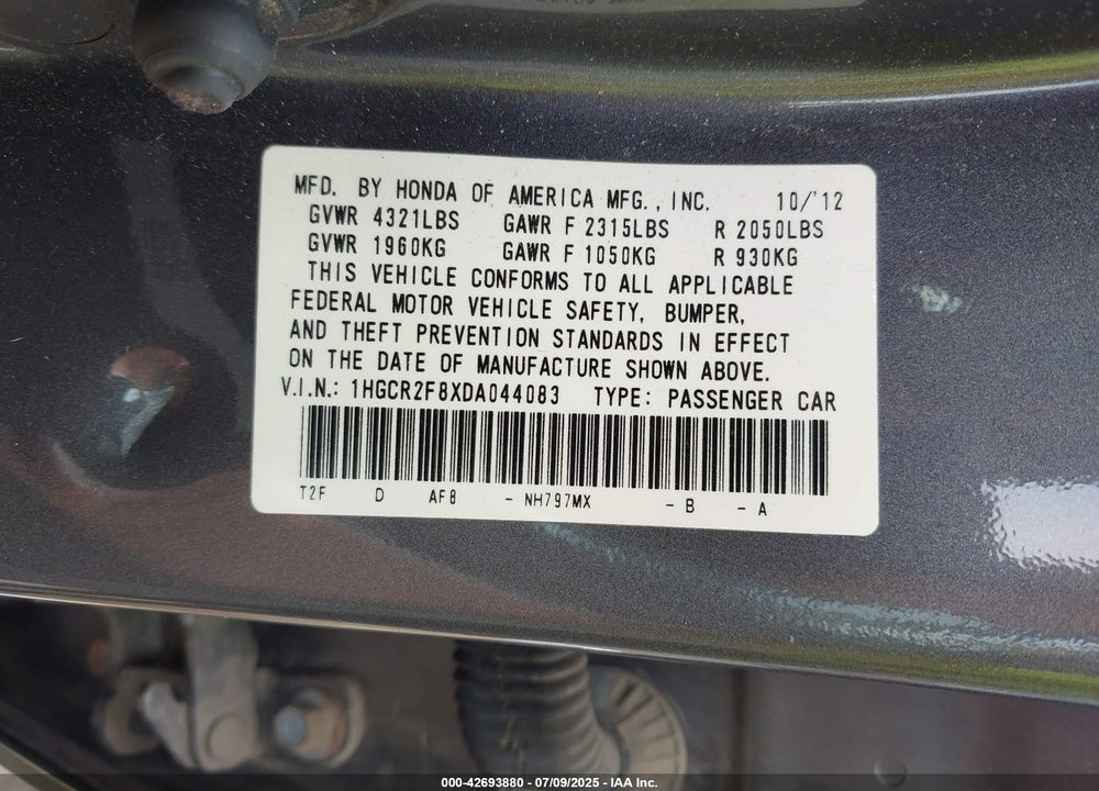 2013 HONDA ACCORD VIN: 1HGCR2F8XDA044083
