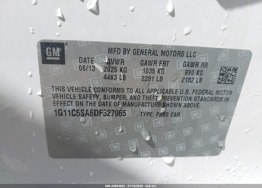2013 CHEVROLET MALIBU 1LT VIN: 1G11C5SA6DF327965