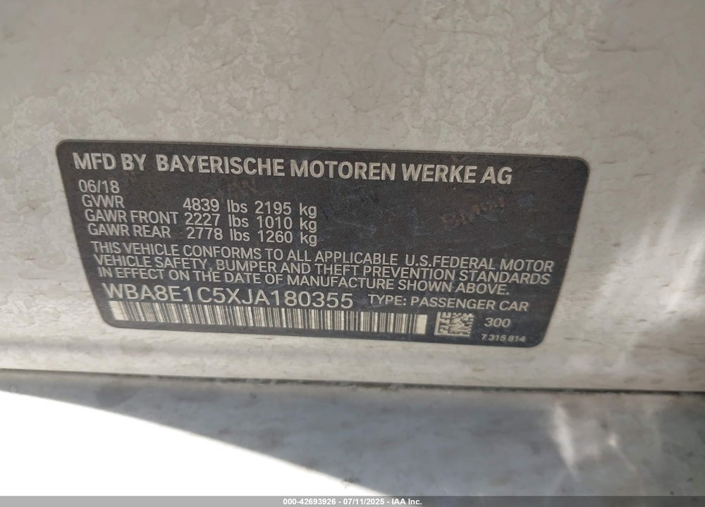 2018 BMW 330E IPERFORMANCE VIN: WBA8E1C5XJA180355
