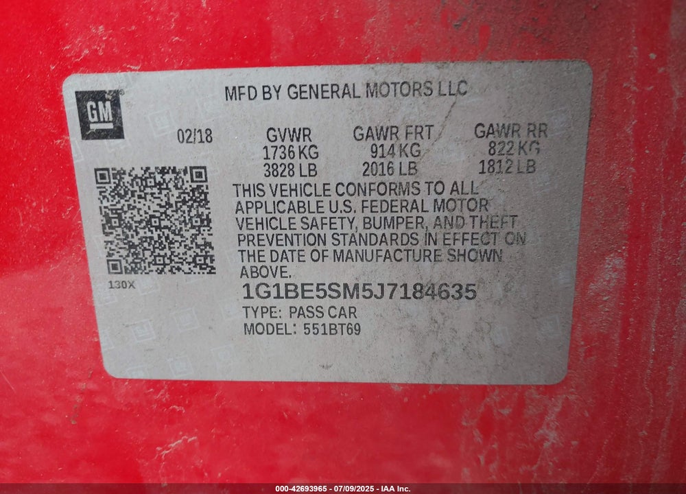 2018 CHEVROLET CRUZE LT AUTO VIN: 1G1BE5SM5J7184635